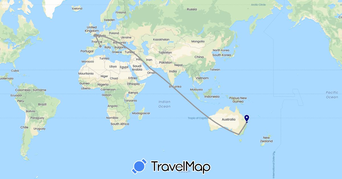 TravelMap itinerary: driving, plane in United Arab Emirates, Australia, France, United Kingdom (Asia, Europe, Oceania)